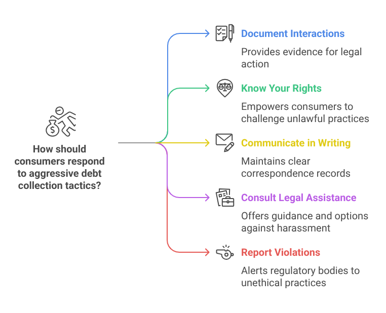 How should consumers respond to aggressive debt collection tactics