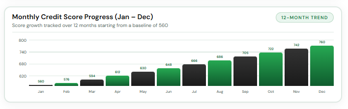 Monthly Credit Score Progress (Jan - Dec)